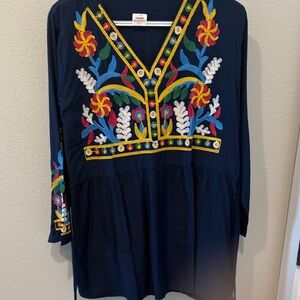 Embroidered Navy Tunic with Colorful Floral Design